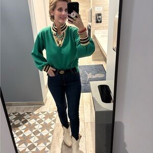 JODIFL Green Top with Black, Gold and Cream Accents